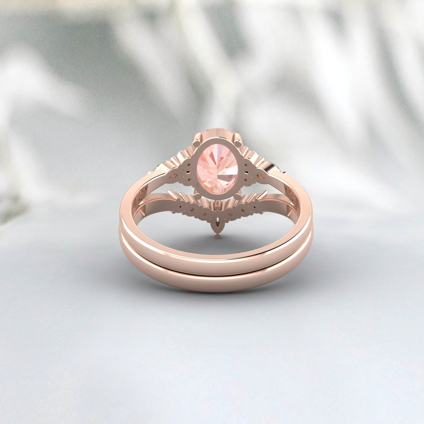 Ensemble de bagues en or rose Morganaite Sterling naturel, bague de fiançailles Morganaite de coupe ovale, bague de mariage en pierres précieuses roses, cadeau d’anniversaire pour elle