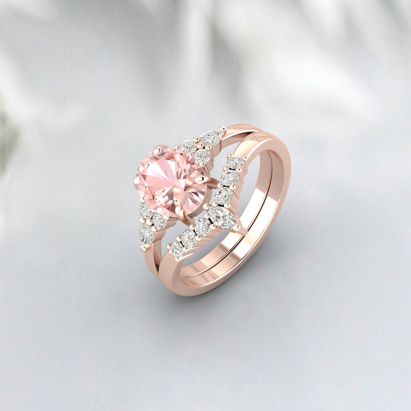 Natural Morganaite Sterling Rose Gold Ring Set, Oval Cut  Morganaite Engagement Ring, Pink Gemstone Wedding Ring, Anniversary Gift For Her