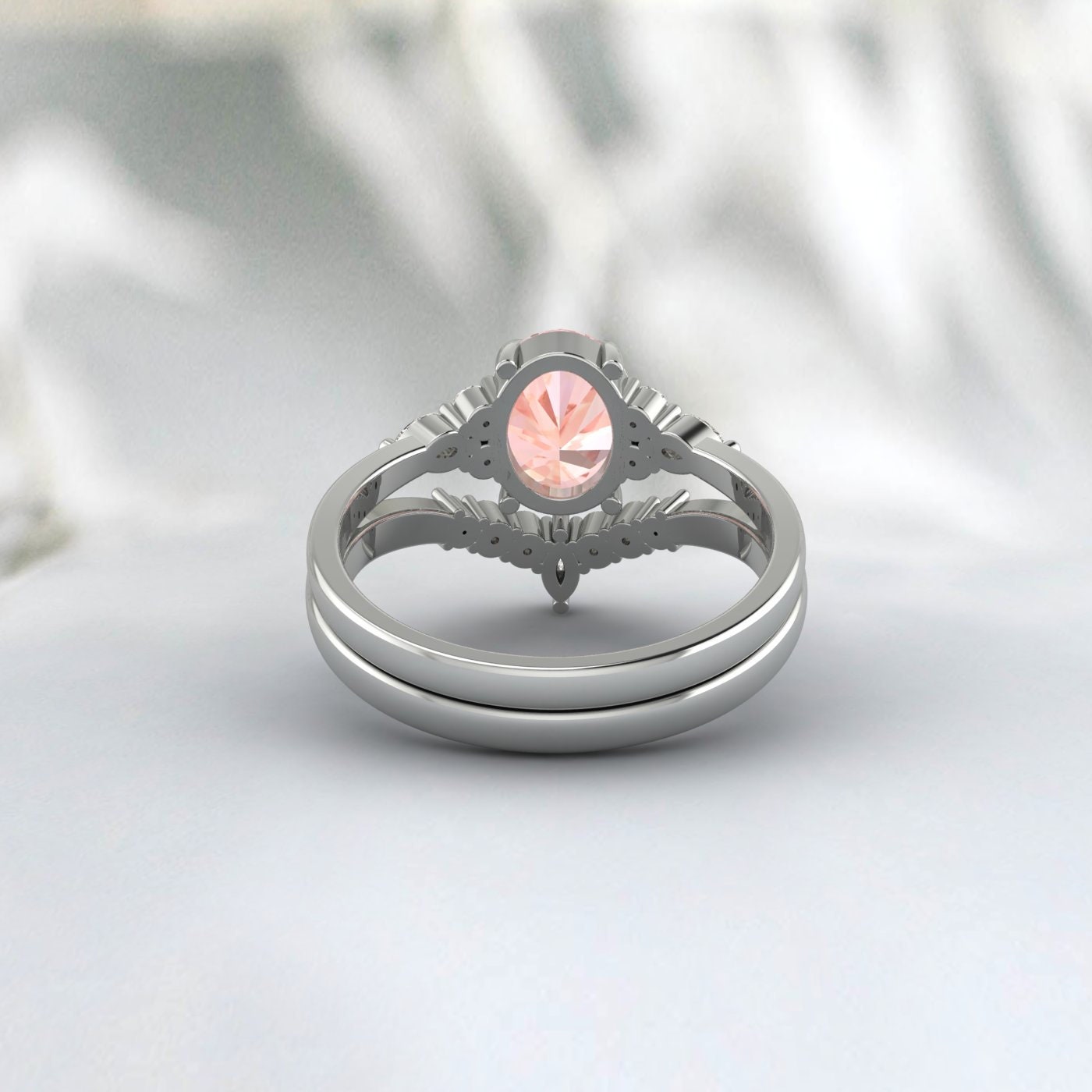 Ensemble de bagues en or rose Morganaite Sterling naturel, bague de fiançailles Morganaite de coupe ovale, bague de mariage en pierres précieuses roses, cadeau d’anniversaire pour elle