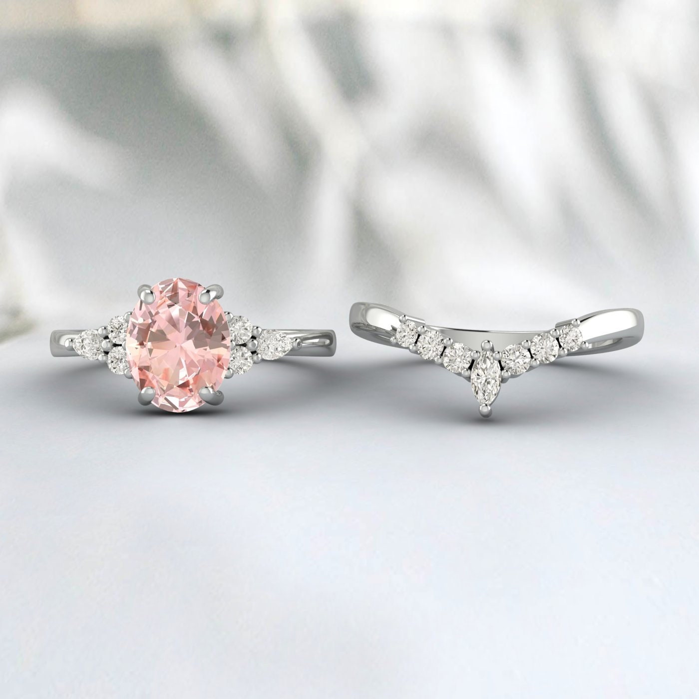 Ensemble de bagues en or rose Morganaite Sterling naturel, bague de fiançailles Morganaite de coupe ovale, bague de mariage en pierres précieuses roses, cadeau d’anniversaire pour elle