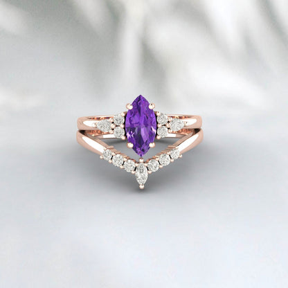 Marquise Cut Purple Amethyst Ring Bague de fiançailles Ensemble de bague de mariée