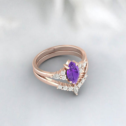 Marquise Cut Purple Amethyst Ring Bague de fiançailles Ensemble de bague de mariée