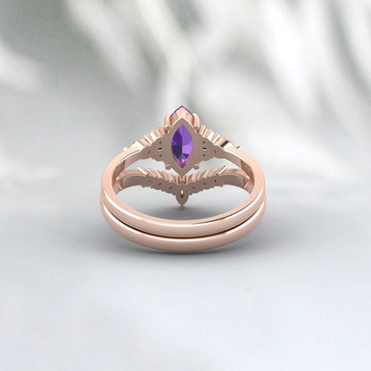 Marquise Cut Purple Amethyst Ring Engagement Ring Set Bridal Ring Set