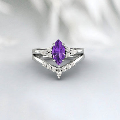 Marquise Cut Purple Amethyst Ring Engagement Ring Set Bridal Ring Set