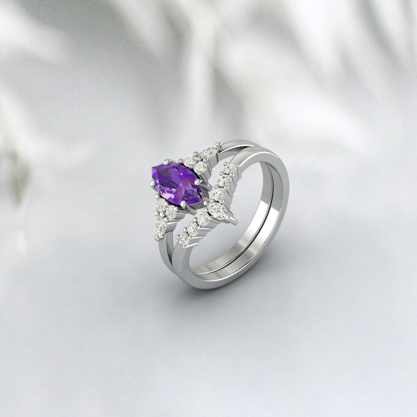 Marquise Cut Purple Amethyst Ring Engagement Ring Set Bridal Ring Set