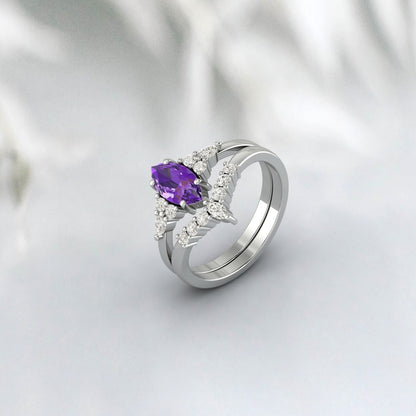 Marquise Cut Purple Amethyst Ring Bague de fiançailles Ensemble de bague de mariée