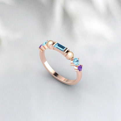 Baguette Aquamarine Wedding Band Amethyst Pearl Ring Gift For Her