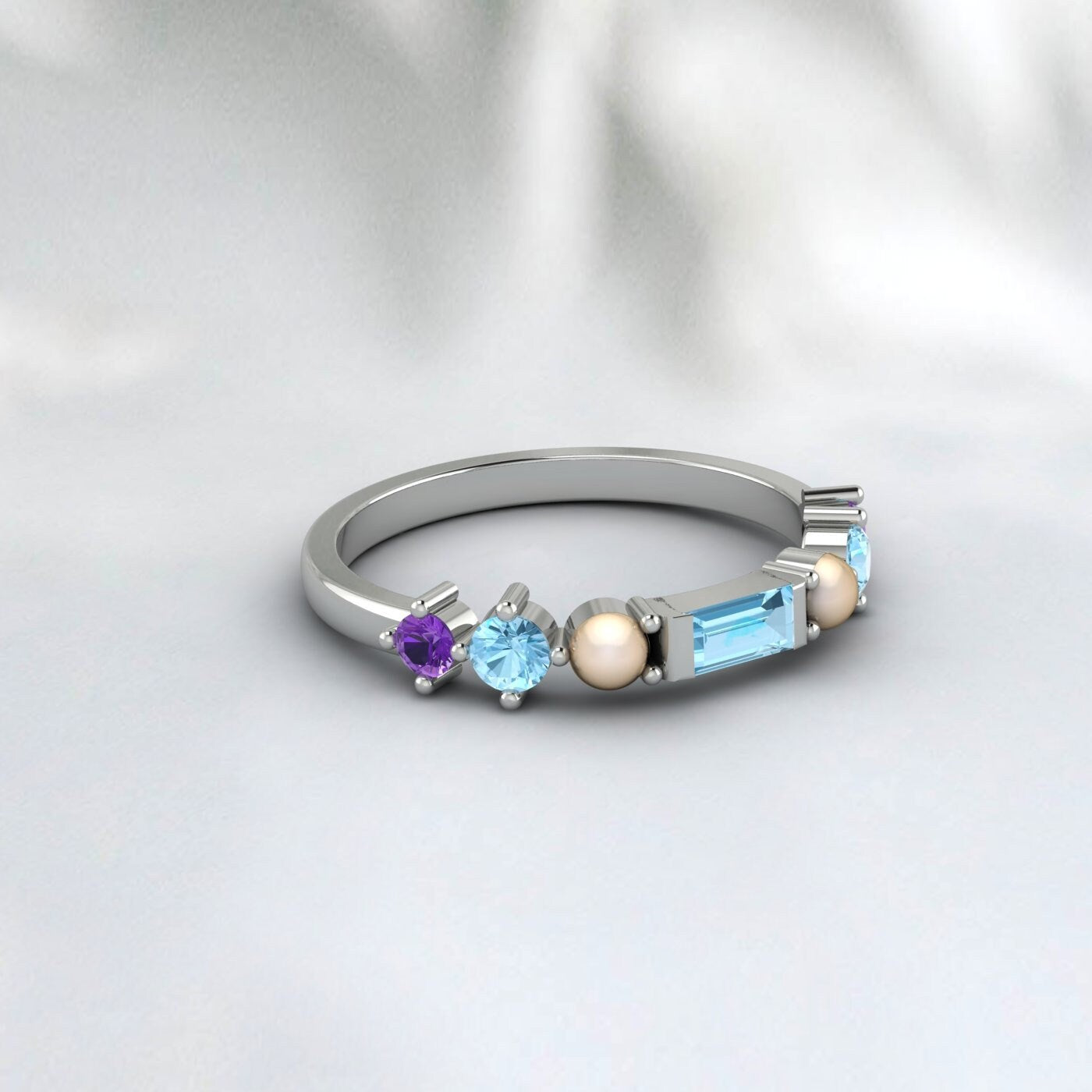 Baguette Aquamarine Wedding Band Amethyst Pearl Ring Gift For Her