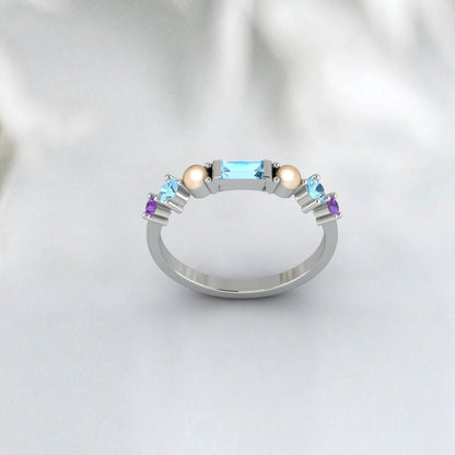 Baguette Aquamarine Wedding Band Amethyst Pearl Ring Gift For Her