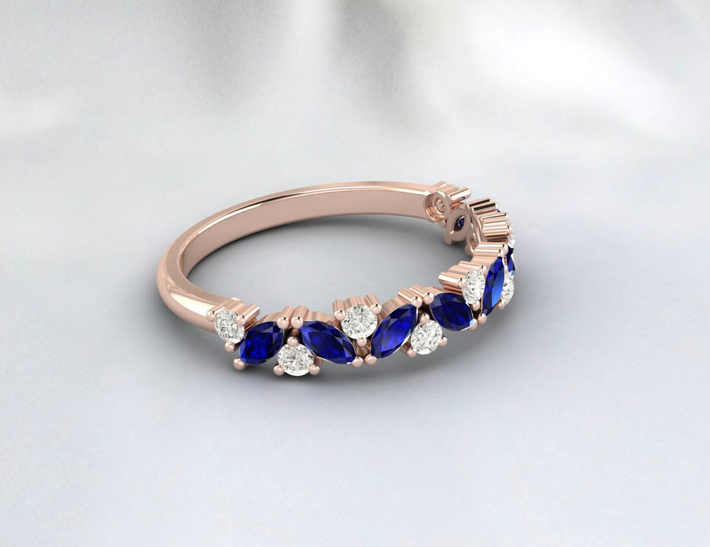 Marquise Cut Blue Sapphire Wedding Band Cluster Engagement Ring