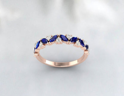 Marquise Cut Blue Sapphire Wedding Band Cluster Engagement Ring