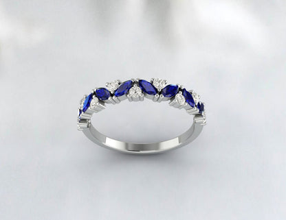 Marquise Cut Blue Sapphire Wedding Band Cluster Engagement Ring