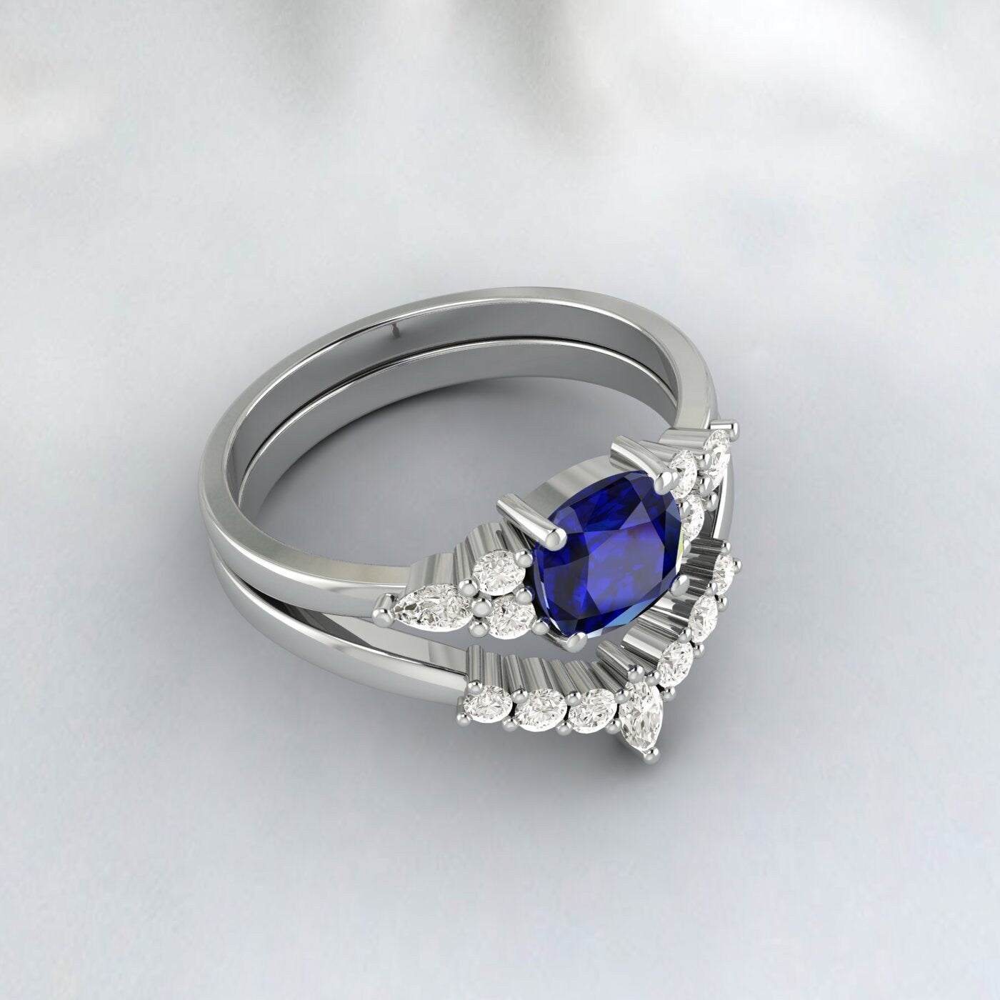 Cushion Sapphire Engagement Ring Set Wedding Bridal Promise Ring Set