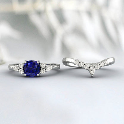 Cushion Sapphire Engagement Ring Set Wedding Bridal Promise Ring Set