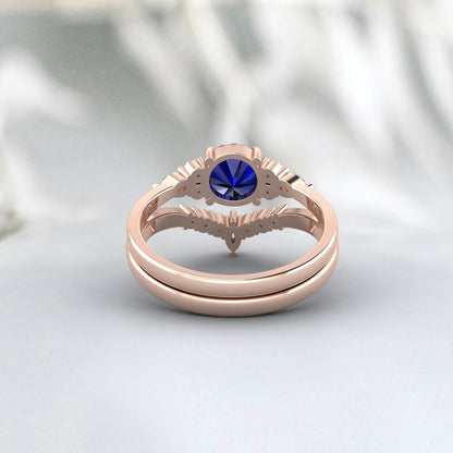 Blue Sapphire Engagement Ring Set Silver Wedding Bridal Promise Ring