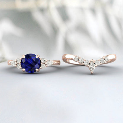 Blue Sapphire Engagement Ring Set Silver Wedding Bridal Promise Ring