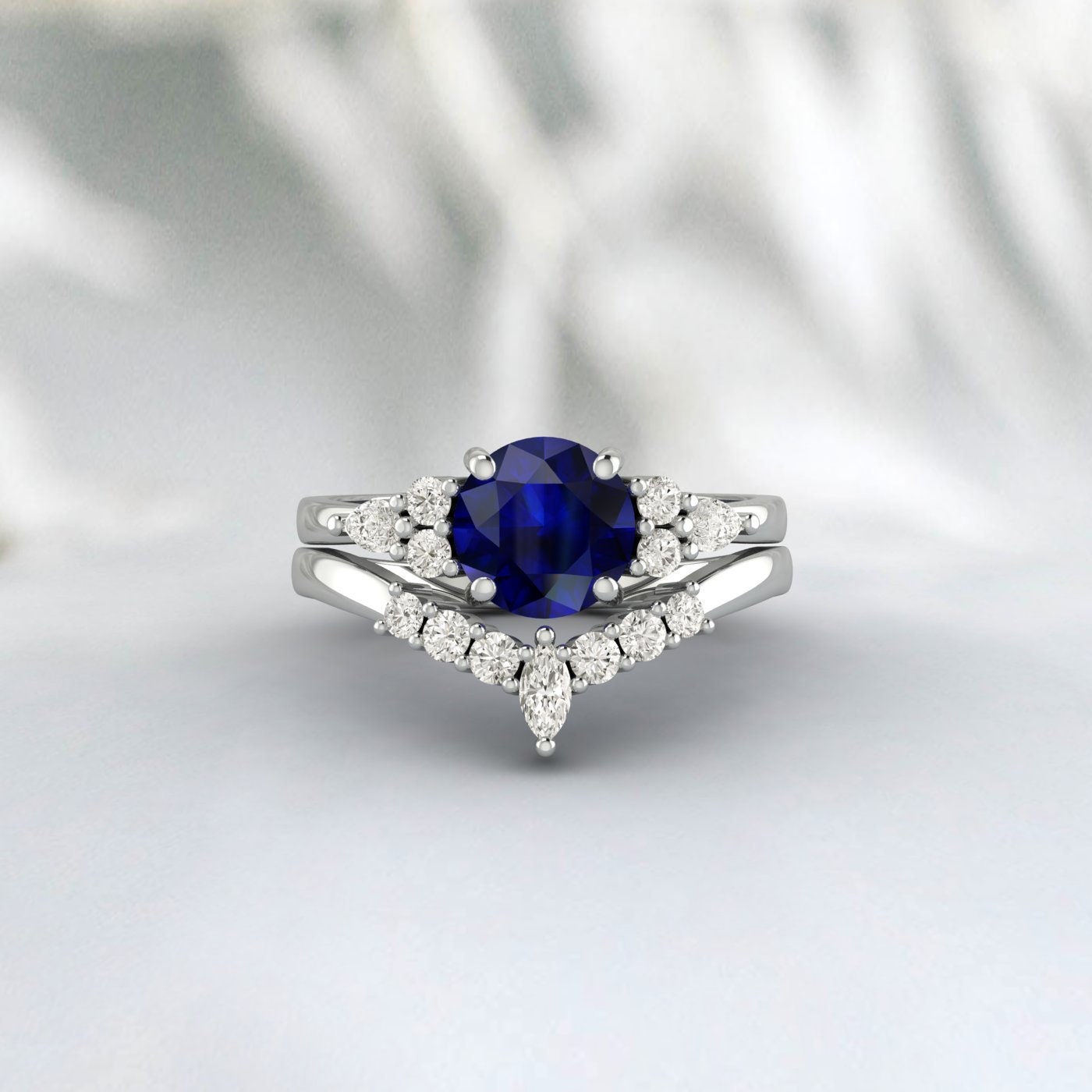 Blue Sapphire Engagement Ring Set Silver Wedding Bridal Promise Ring