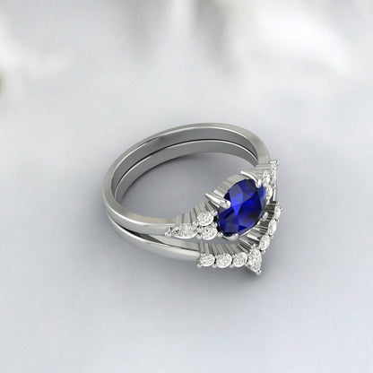 Blue Sapphire Engagement Ring Set Silver Wedding Bridal Promise Ring