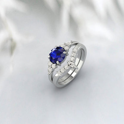 Blue Sapphire Engagement Ring Set Silver Wedding Bridal Promise Ring