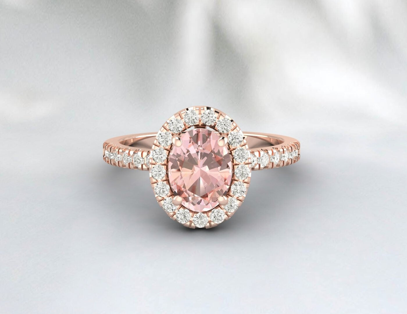 Bague de fiançailles ovale en morganite pêche, bague de fiançailles de mariage antique