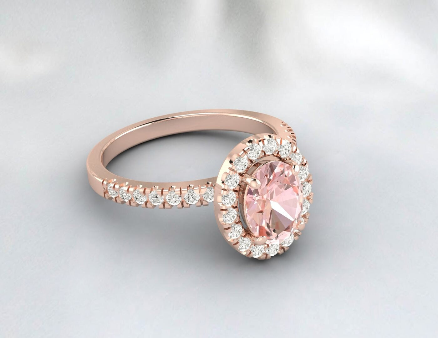 Bague de fiançailles ovale en morganite pêche, bague de fiançailles de mariage antique