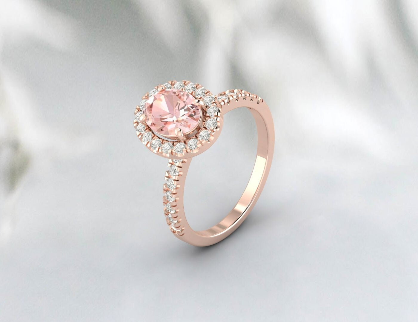 Bague de fiançailles ovale en morganite pêche, bague de fiançailles de mariage antique