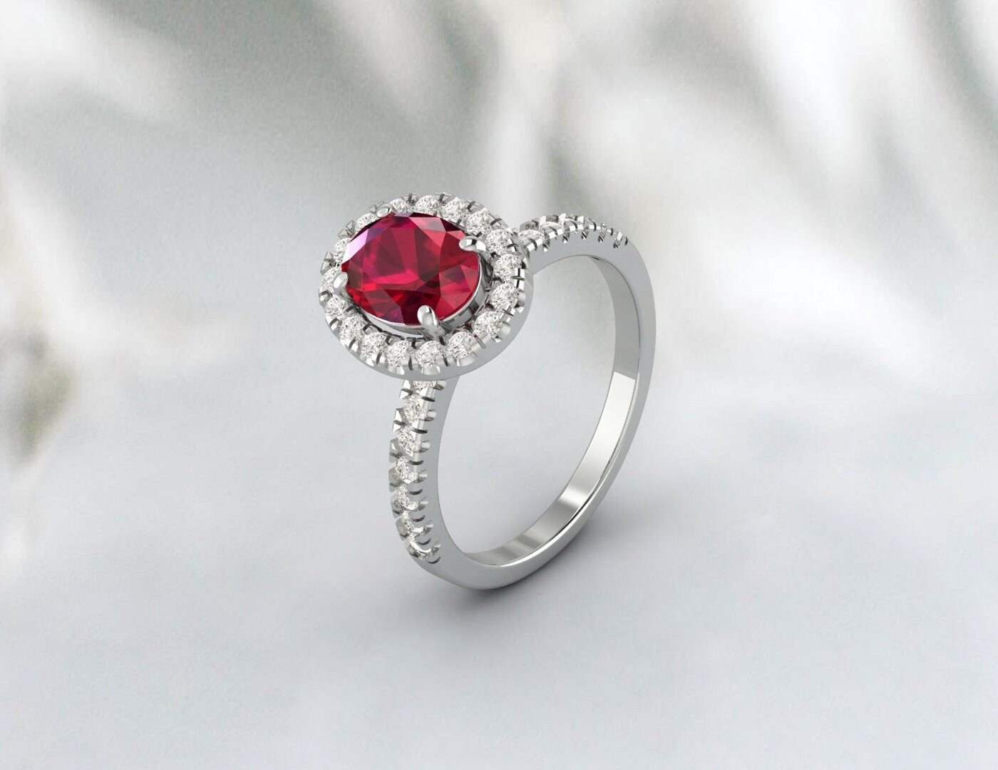 Bague ovale rubis, bague halo en or, bague de fiançailles, cadeau d'anniversaire