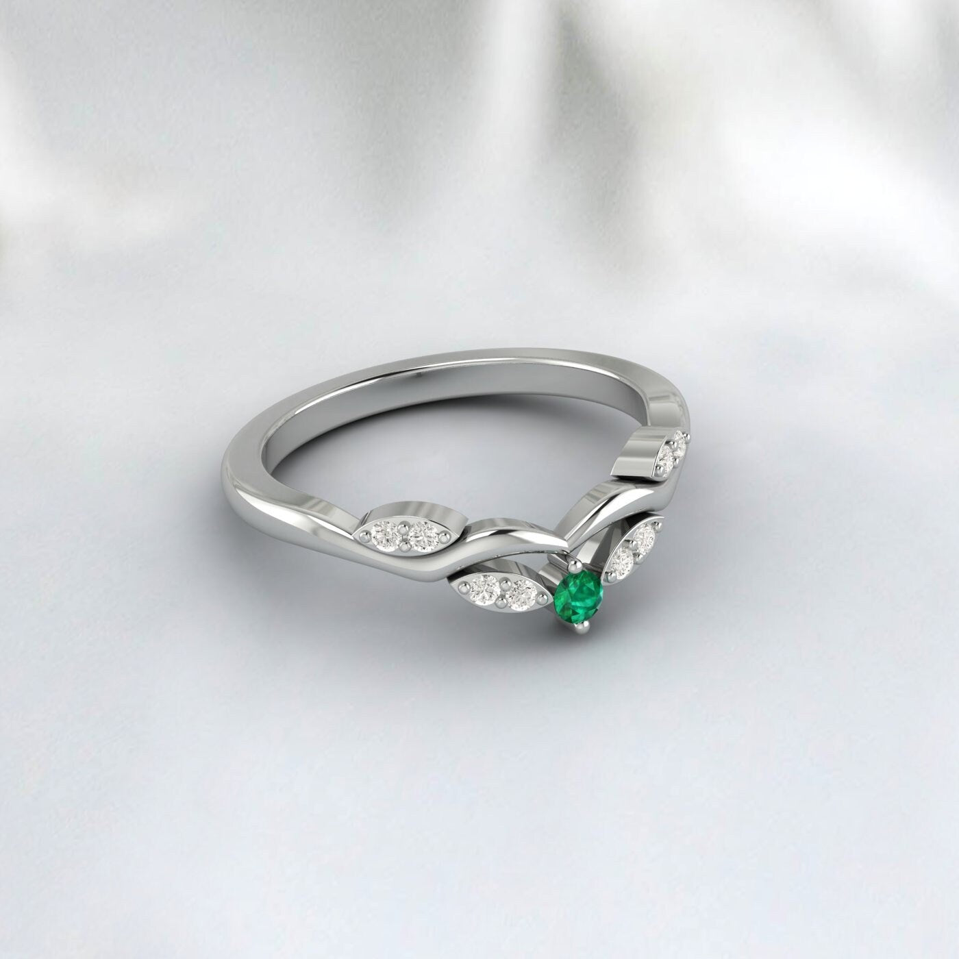 Emerald Curved Wedding Ring Engagement Ring Bridal Ring Gift For Her