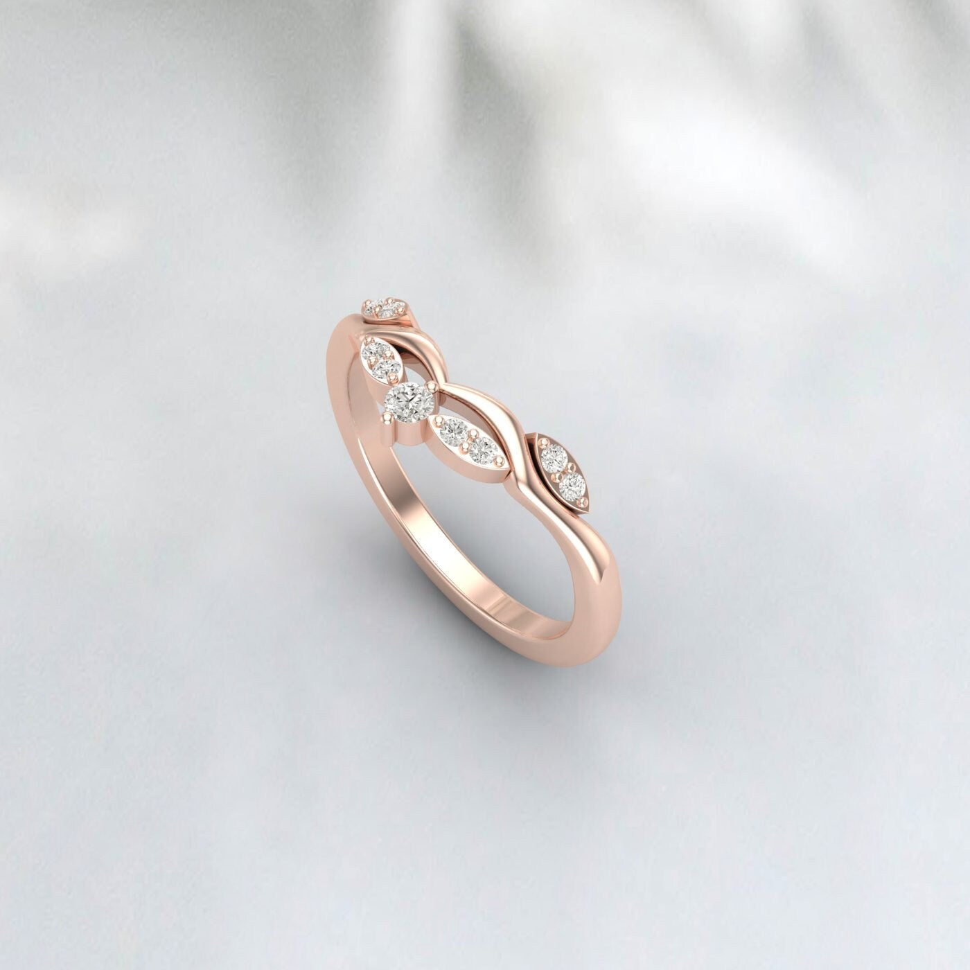 Delicate Diamond Wedding Ring Rose Gold Round Moissanite Curved Matching Ring Antique Stacking Band Engagement Ring Bridal Ring Gift For Her