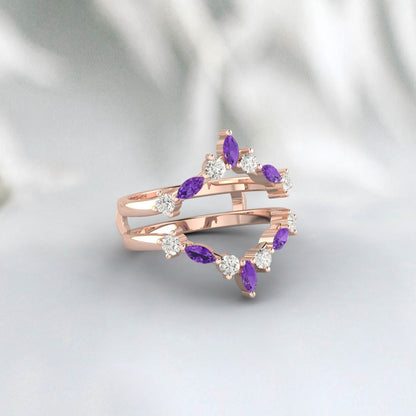 Double Curved Marquise Moissanite And Amethyst Enhancer Wedding Ring