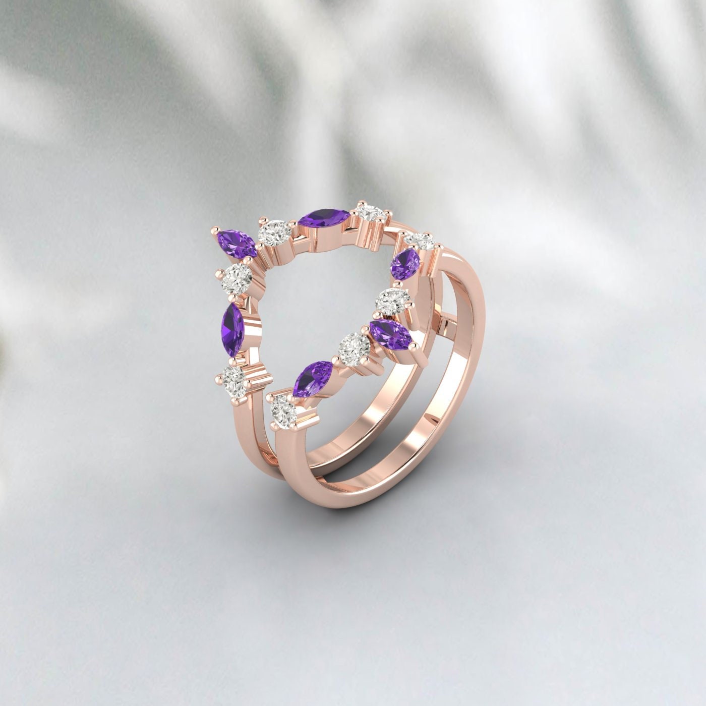 Double Curved Marquise Moissanite And Amethyst Enhancer Wedding Ring