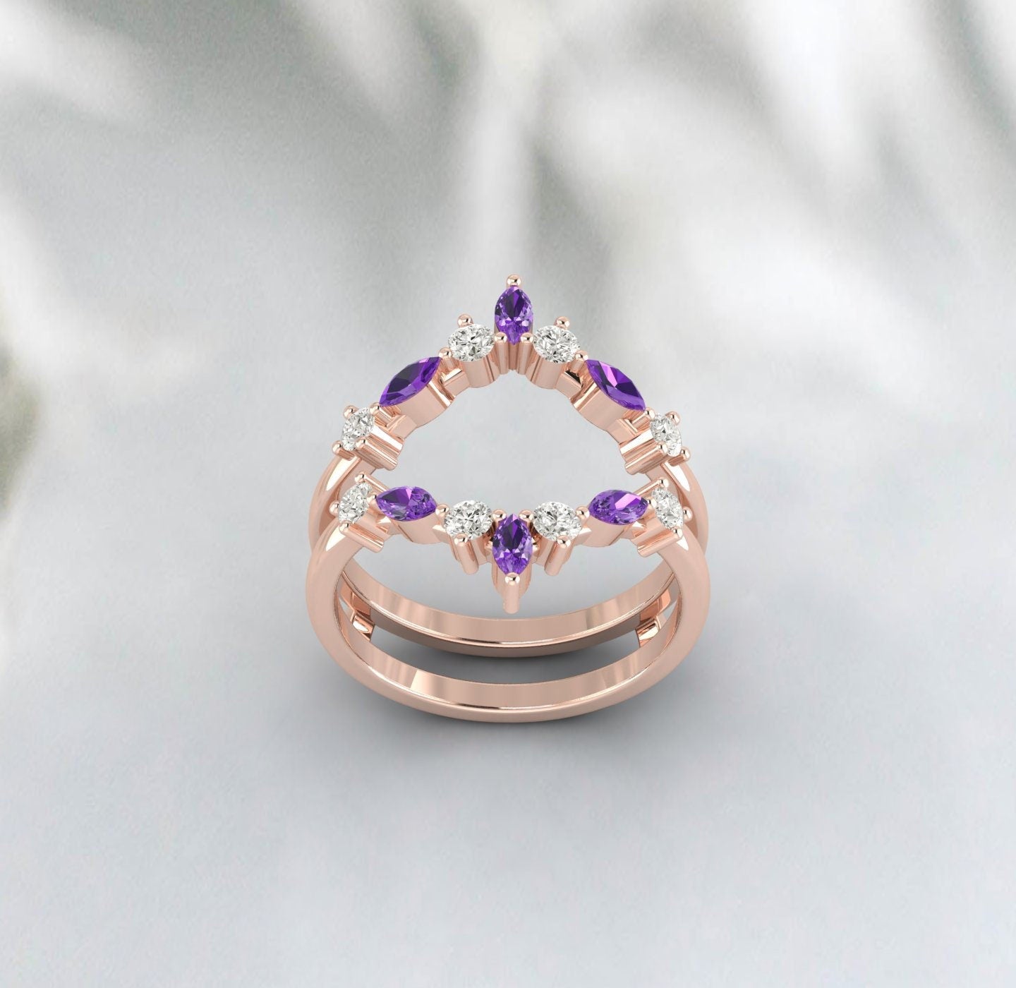 Double Curved Marquise Moissanite And Amethyst Enhancer Wedding Ring