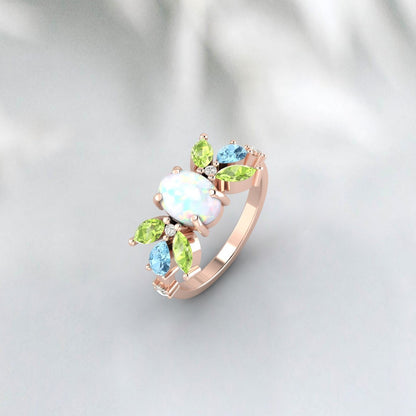 Antique Opal Multi Gemstone Peridot Diamond Aquamarine Engagement Ring