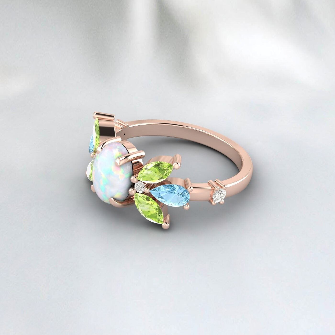 Antique Opal Multi Gemstone Peridot Diamond Aquamarine Engagement Ring