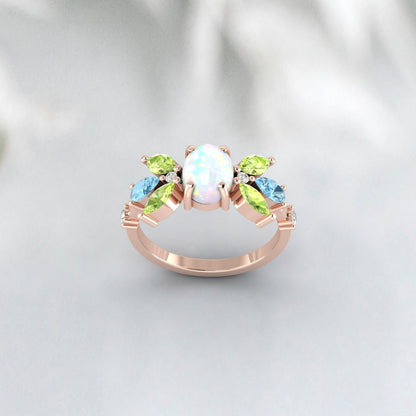 Antique Opal Multi Gemstone Peridot Diamond Aquamarine Engagement Ring