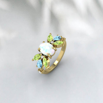 Antique Opal Multi Gemstone Peridot Diamond Aquamarine Engagement Ring