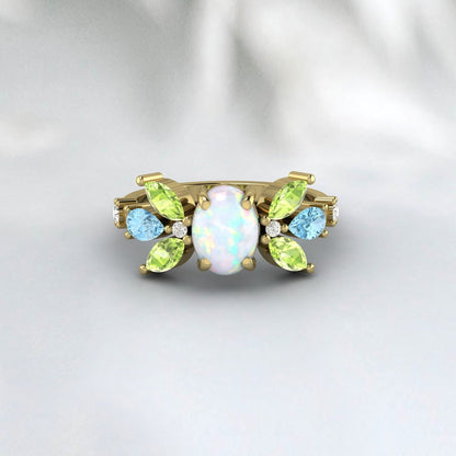 Antique Opal Multi Gemstone Peridot Diamond Aquamarine Engagement Ring