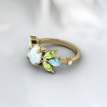 Antique Opal Multi Gemstone Peridot Diamond Aquamarine Engagement Ring