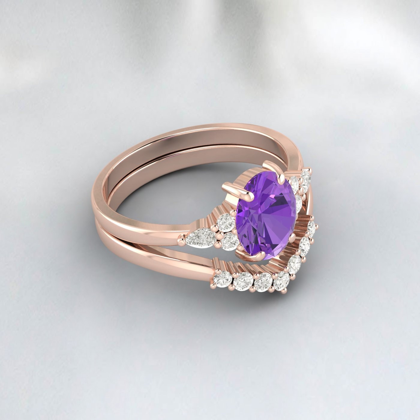 Natural Amethyst engagement ring Set Pear diamond wedding Bridal Band