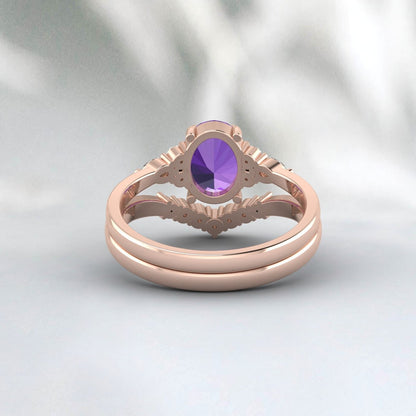 Natural Amethyst engagement ring Set Pear diamond wedding Bridal Band