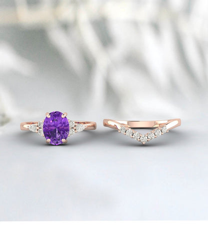 Natural Amethyst engagement ring Set Pear diamond wedding Bridal Band