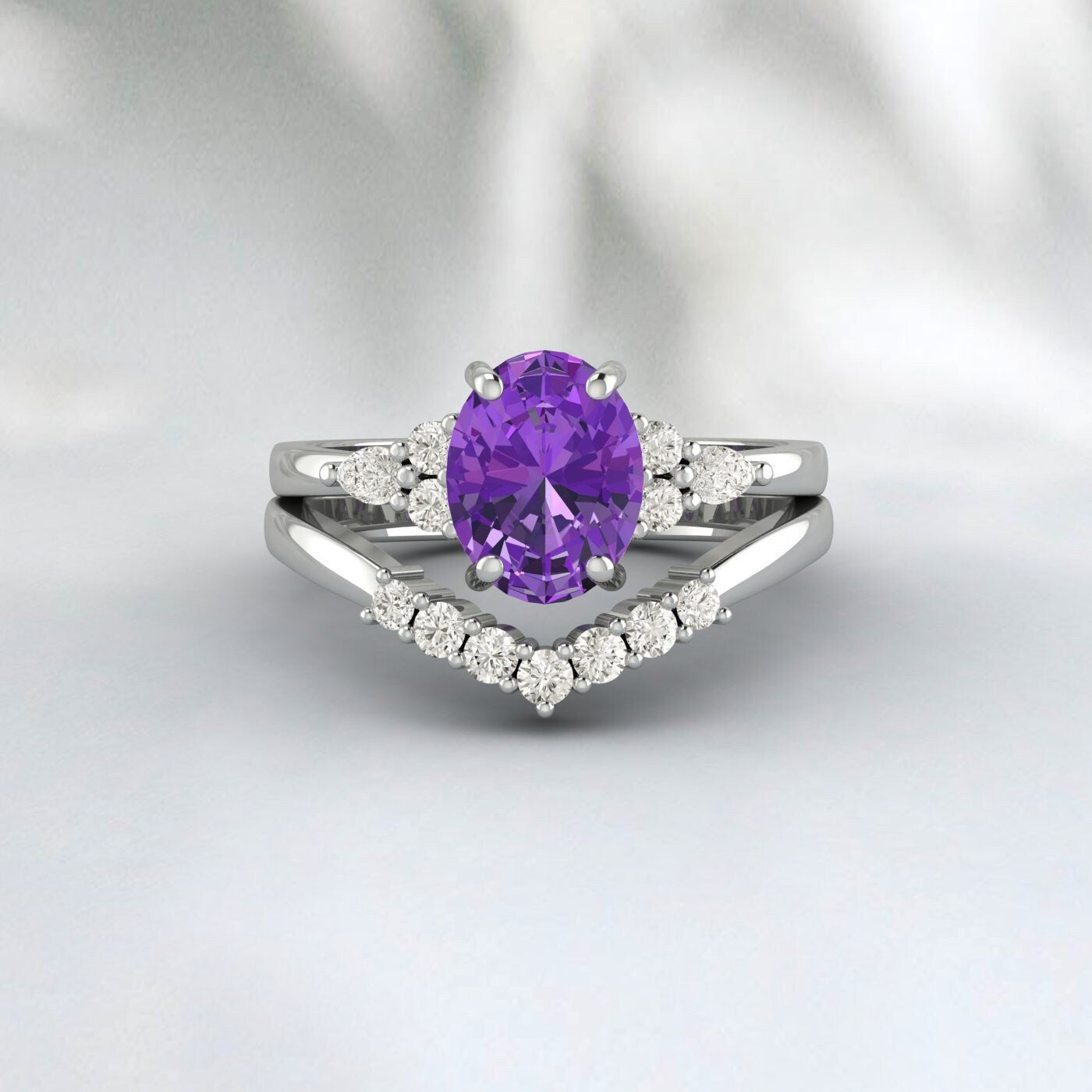 Natural Amethyst engagement ring Set Pear diamond wedding Bridal Band