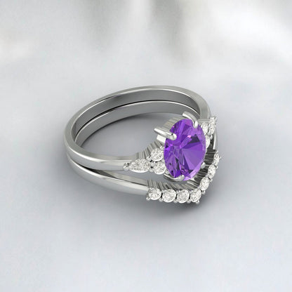 Natural Amethyst engagement ring Set Pear diamond wedding Bridal Band