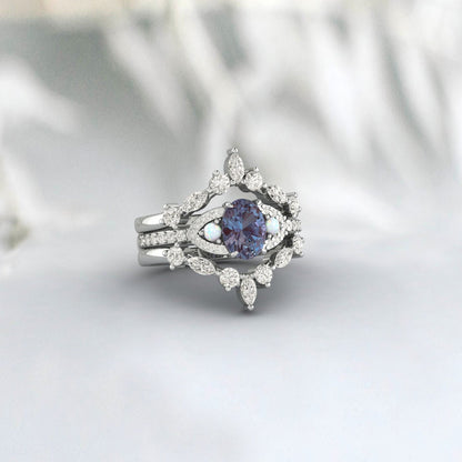 Oval Alexandrite Engagement Ring Set Vintage Unique Double Curved Wedding Band White Gold Ring June Birthstone Ring Bridal Promise Ring