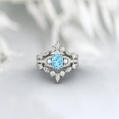 Ensemble de bagues de fiançailles aigue-marine, bague Double incurvée Marquise Moissanite