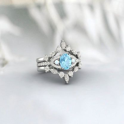 Aquamarine Engagement Ring Set Marquise Moissanite Double Curved Ring