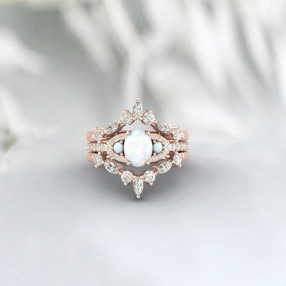 White Opal Engagement Ring Set For Women Double Curved Stacking Band