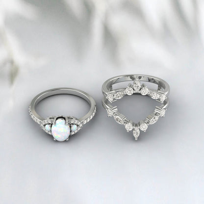 White Opal Engagement Ring Set For Women Double Curved Stacking Band