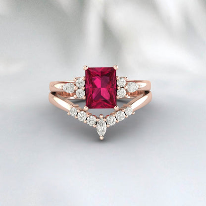 Bague de fiançailles rubis coupe radiante bande de mariée de mariage vintage unique