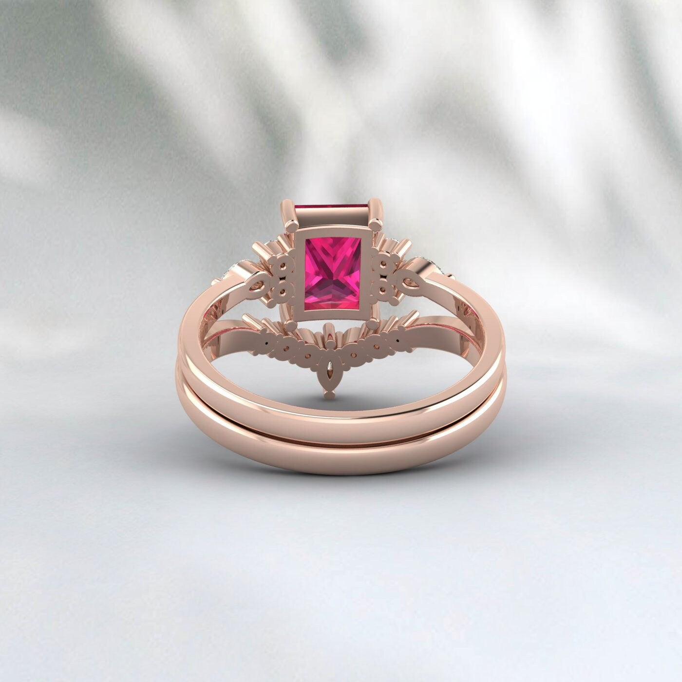 Bague de fiançailles rubis coupe radiante bande de mariée de mariage vintage unique